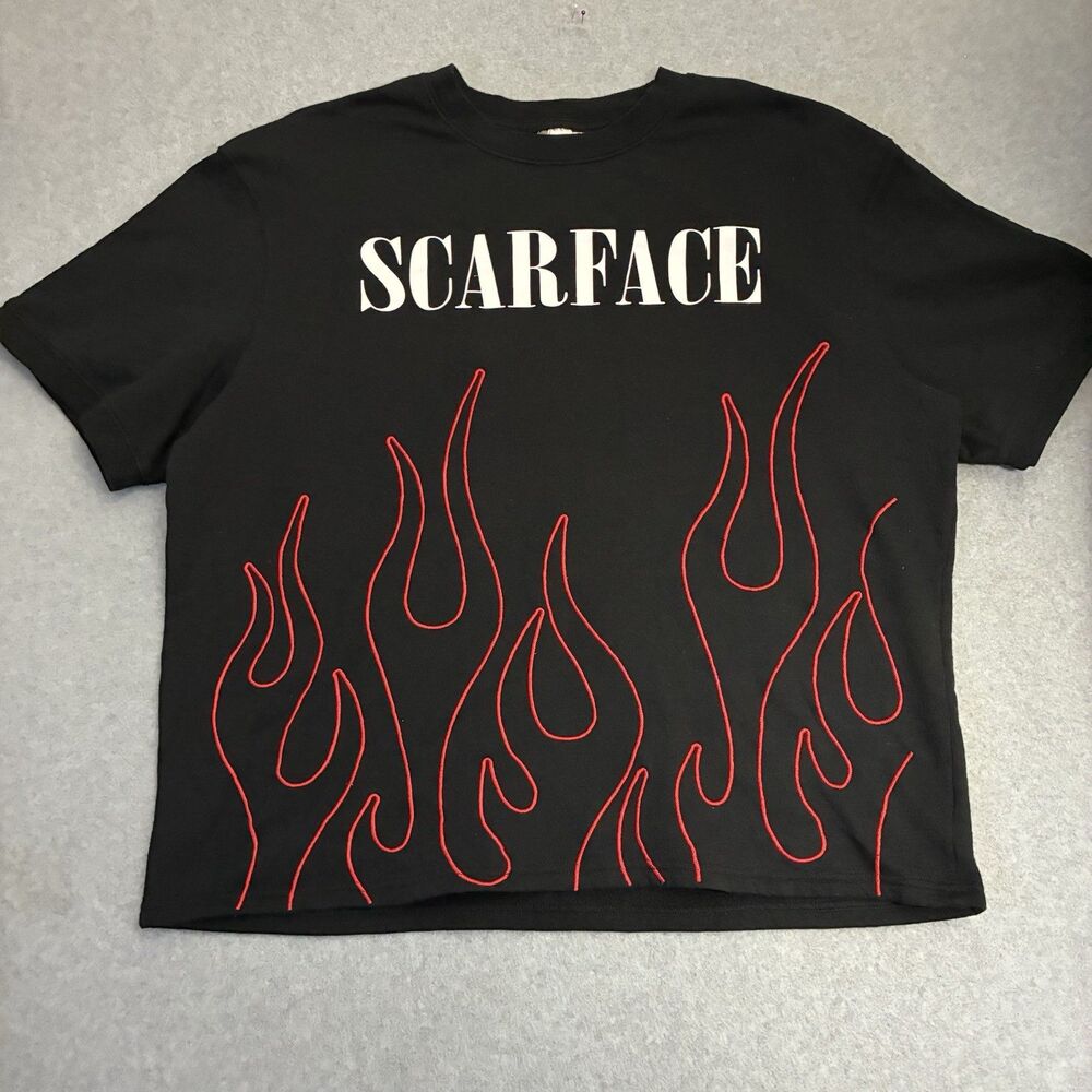 Men’s Scarface Flame Graphic T Shirt Black Embroidered Streetwear XL